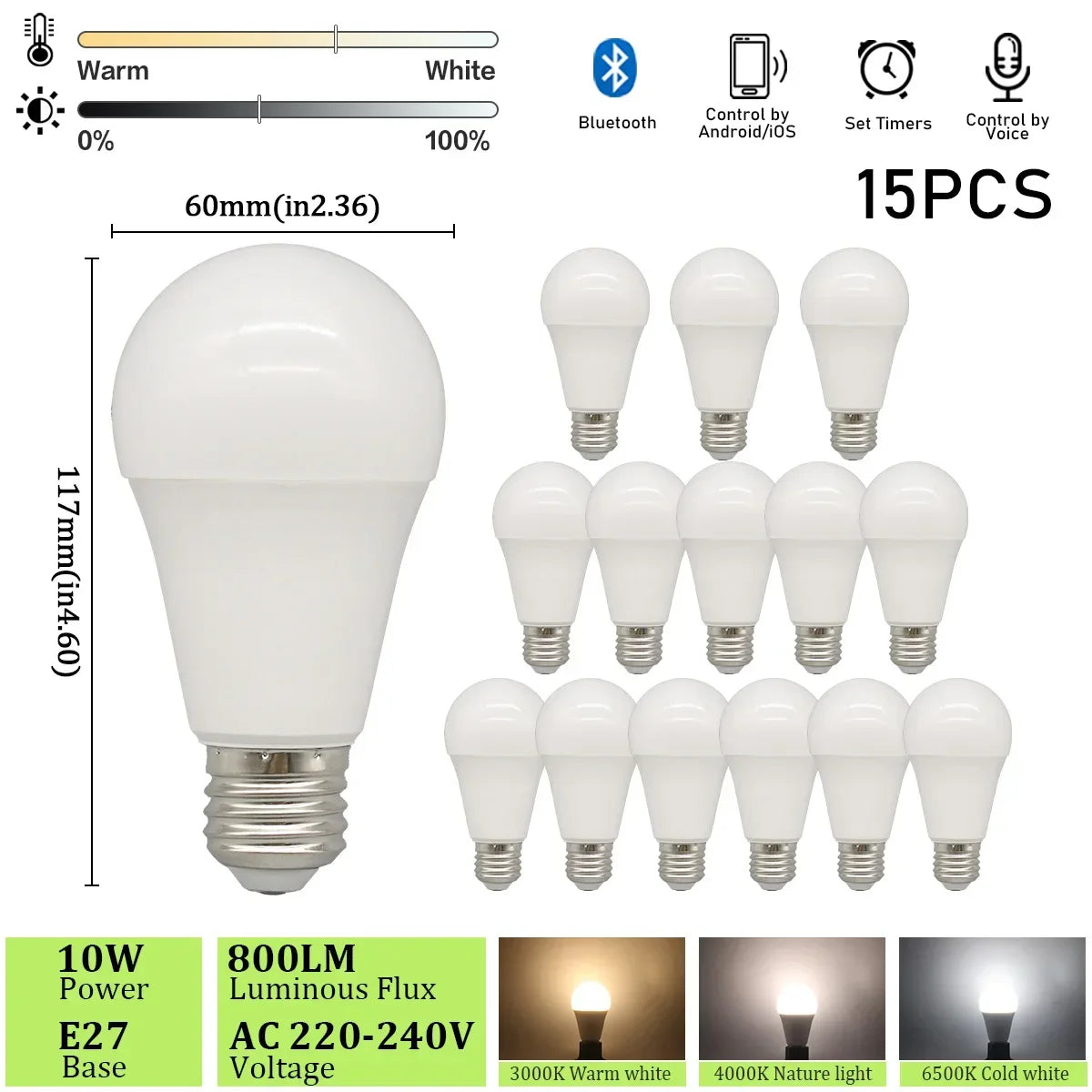 1-20 piezas regulable Bluetooth LED bombillas inteligentes aplicación E27 3000K-6500K iluminación 10W 220V 230V para dormitorio hogar Derec