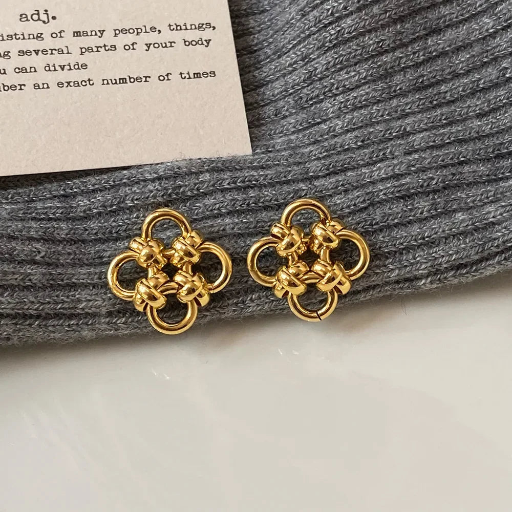 Plata de Ley 925 auténtica pendiente de trébol con nudo hueco de oro de 18K para mujer, joyería fina minimalista, accesorio de planta de moda
