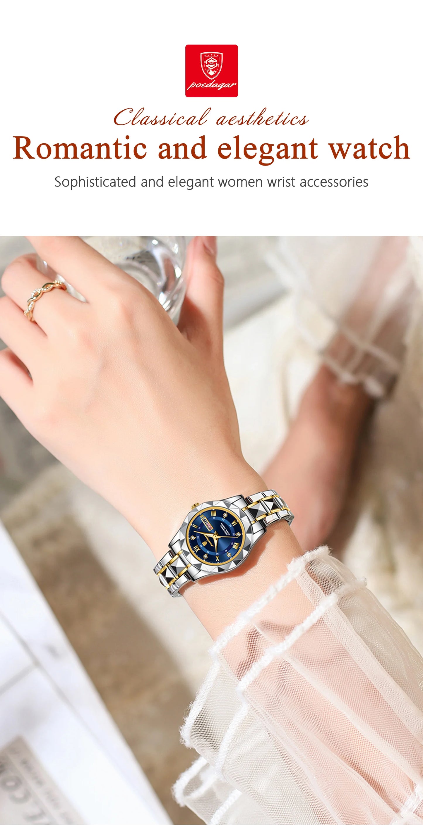 POEDAGAR, reloj de lujo para mujer, luminoso, resistente al agua, con fecha semanal, reloj de pulsera para mujer, relojes de cuarzo de acero inoxidable para mujer, reloj + caja