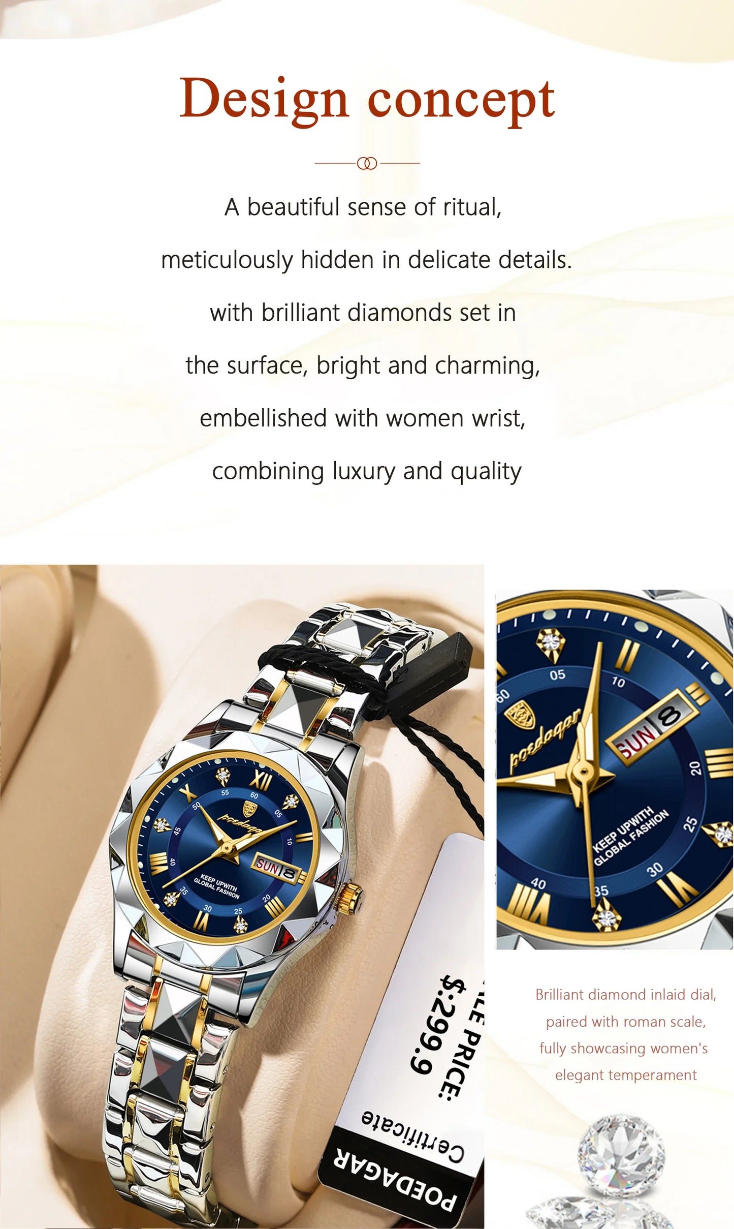 POEDAGAR, reloj de lujo para mujer, luminoso, resistente al agua, con fecha semanal, reloj de pulsera para mujer, relojes de cuarzo de acero inoxidable para mujer, reloj + caja