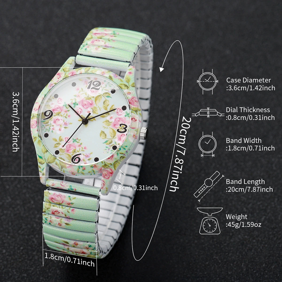 2/3 Uds. Conjunto de relojes de pulsera de cuarzo con estampado de flores a la moda para mujer, reloj con esfera árabe con correa elástica informal para mujer (sin caja)