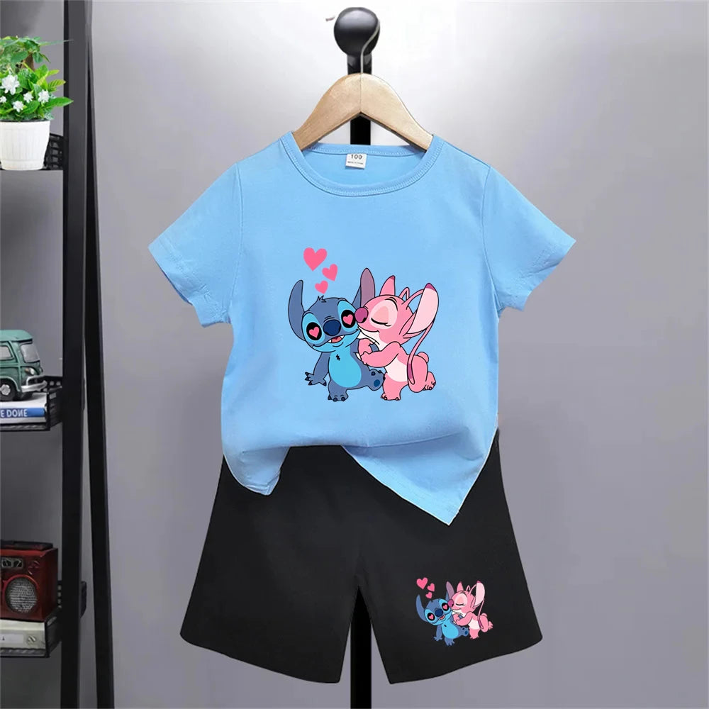 Camiseta de punto de Disney con dibujos animados de verano para niñas, camisetas rojas y rosas para niños, ropa superior, camisetas de moda para niños, conjunto de pantalones cortos para niños de 3 a 12 años