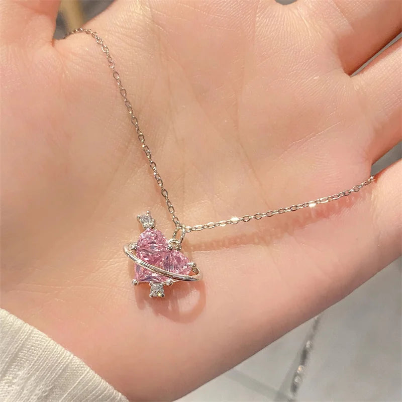 Collares con colgante de circonio y corazón de planeta rosa Y2K para mujer, collar de cadena de clavÃcula estética a la moda, regalo del DÃa de San ValentÃn, joyerÃa para fiesta