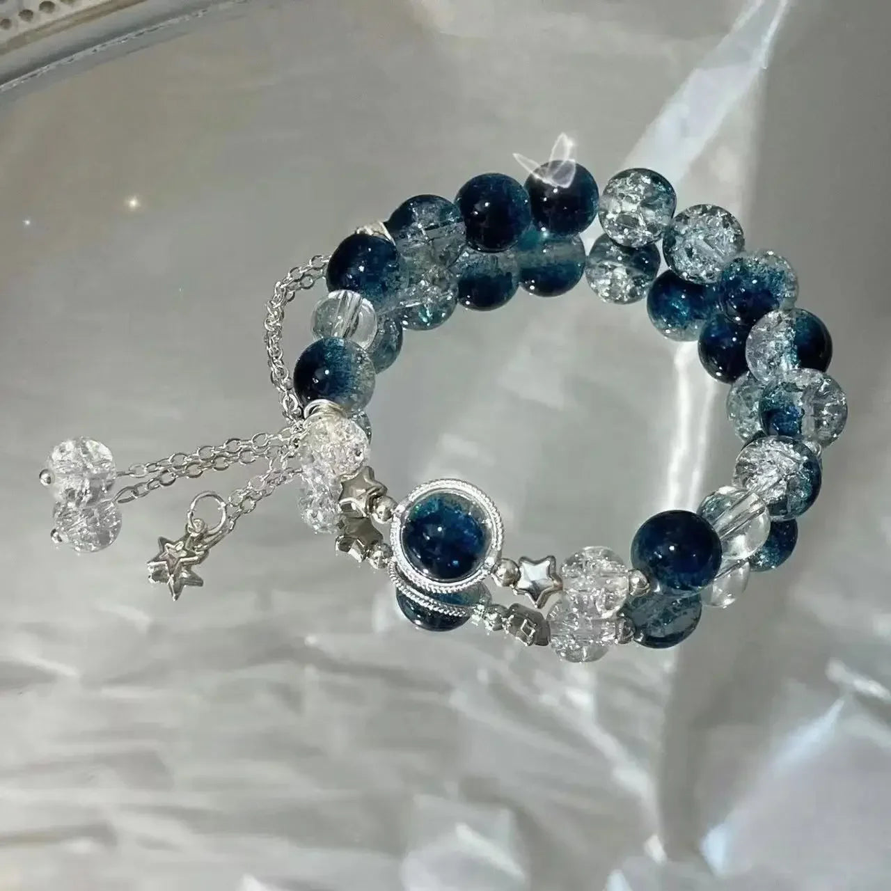 Pulsera con borlas y cadena de estrella para mujer, diseño de nicho, cuentas de cristal azul de fantasÃa, pulsera de cuerda elástica, regalos de joyerÃa para mejores amigos