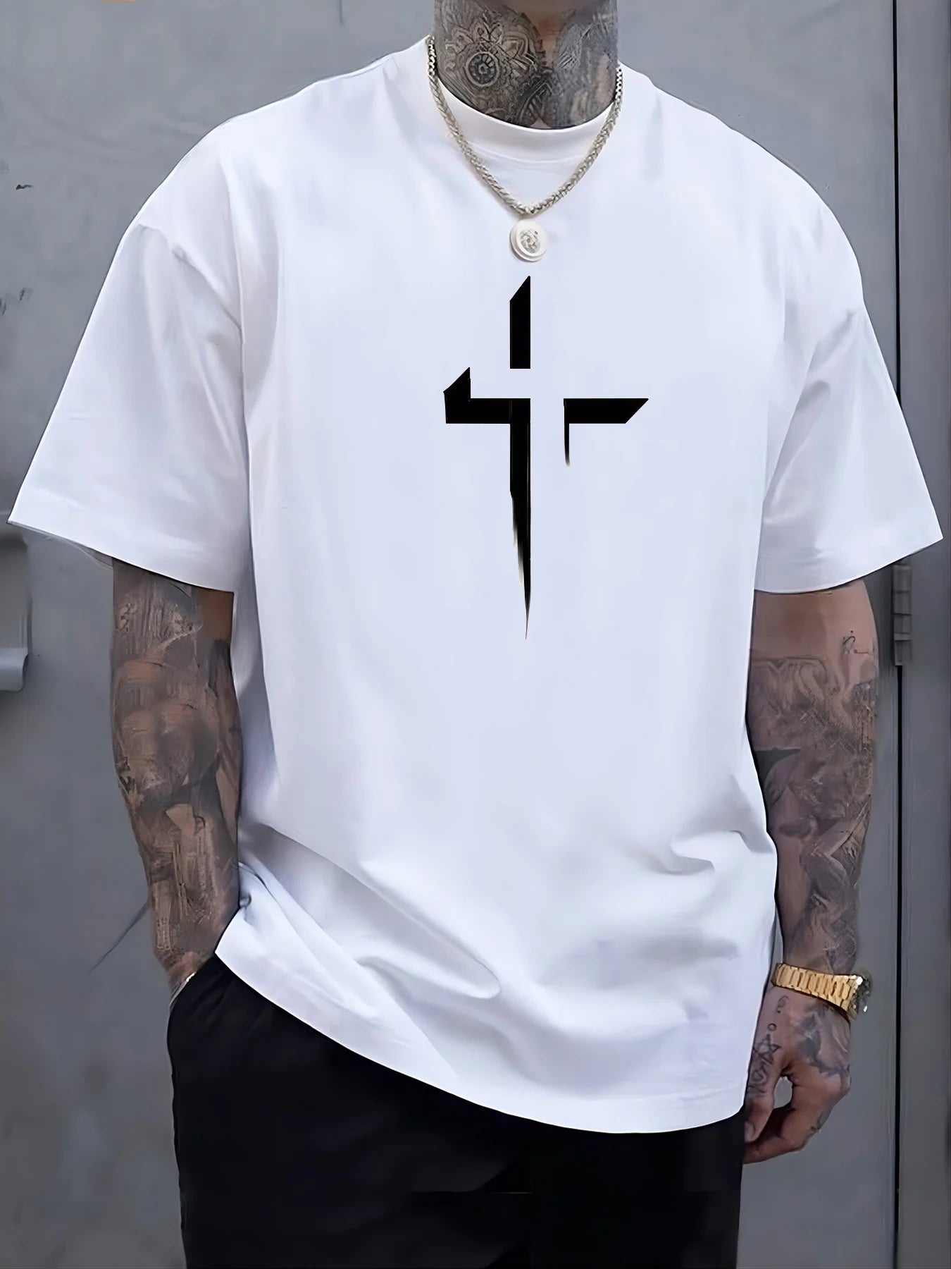 Camiseta de manga corta con cuello redondo para hombre, 100% de algodón puro, informal, holgada, de talla grande, con estampado creativo cruzado, deportiva, cómoda, de verano