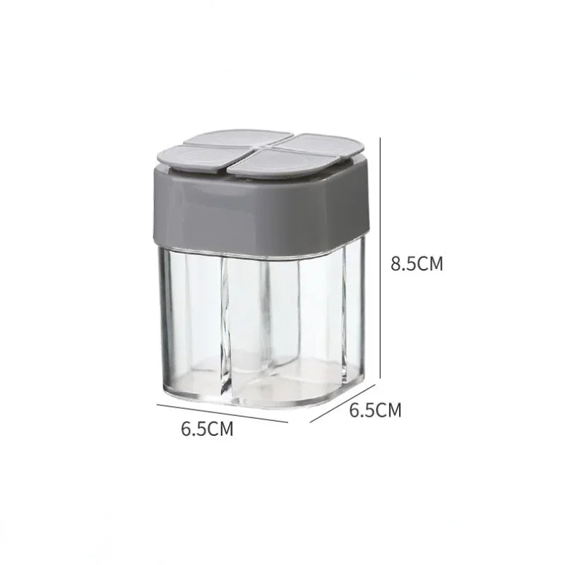Tarro de condimentos para acampar 4 en 1 con tapa, dispensador de especias transparente, 4 compartimentos para cocinar al aire libre, barbacoa, salero y pimentero