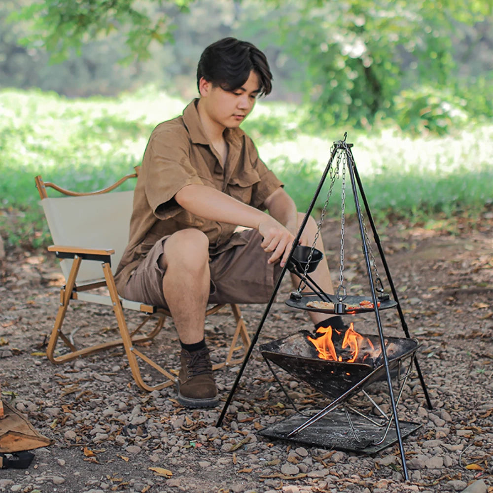 Soporte Triangular para barbacoa al aire libre, estante para ollas desmontable multifuncional, portátil, ajustable con cadena, suministros para acampar al aire libre