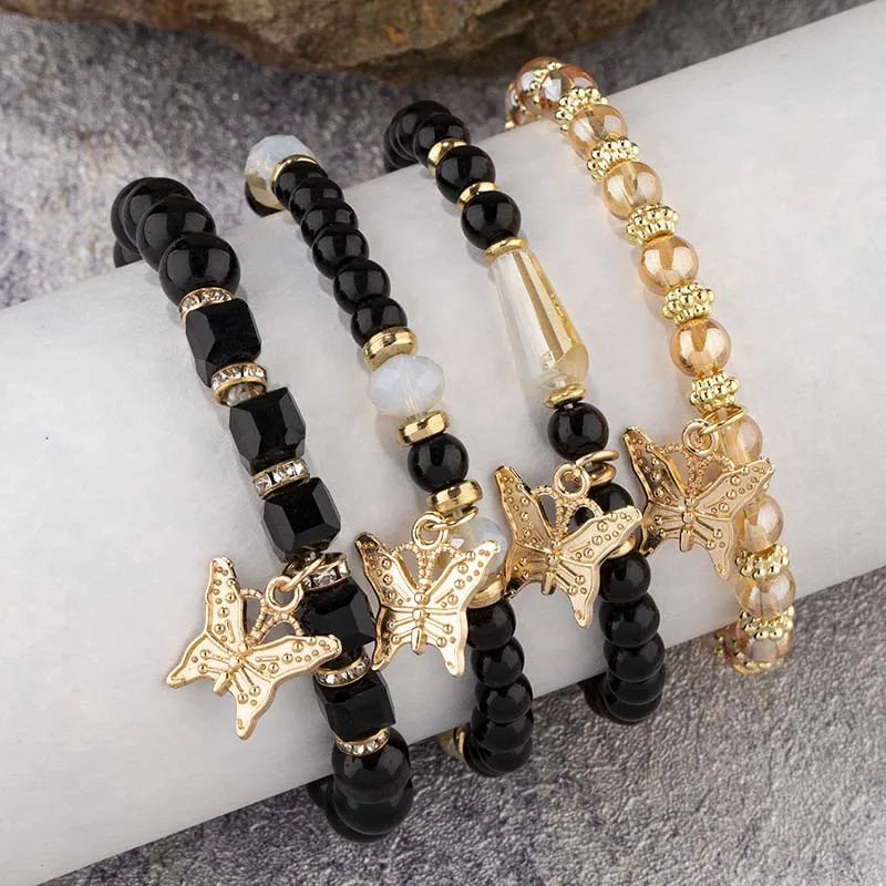 Conjunto de pulsera con cuentas de mariposa para mujer, brazalete de cadena elástica con cuentas acrÃlicas rosas, regalo de joyas de fiesta bohemia, 4 Uds.