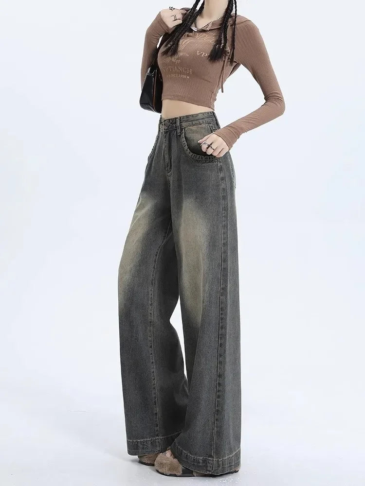 Nueva llegada otoño 2023 pantalones vaqueros de pierna ancha Vintage de cintura alta estilo americano para mujer pantalones vaqueros holgados informales de pierna recta