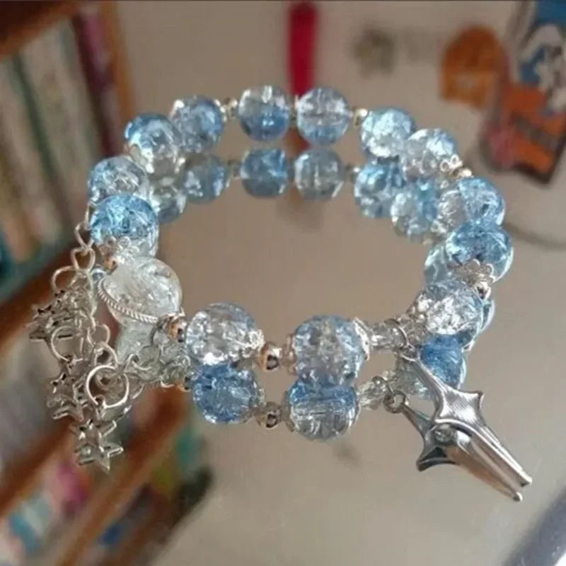 Pulsera con borlas y cadena de estrella para mujer, diseño de nicho, cuentas de cristal azul de fantasÃa, pulsera de cuerda elástica, regalos de joyerÃa para mejores amigos