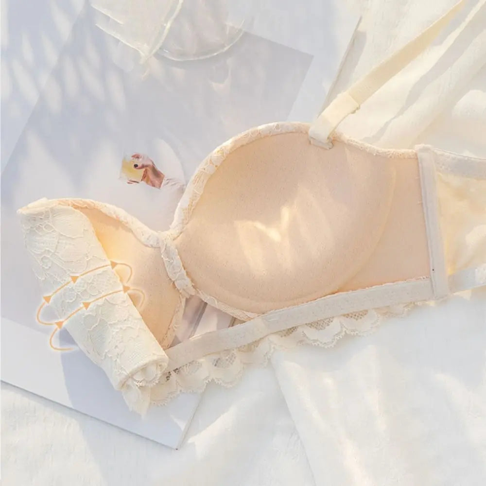 Sujetador inalámbrico de malla ajustado para mujer, sujetador antiflacidez de encaje Floral dulce con escote en V profundo, lencería con pechos recogidos, regalos