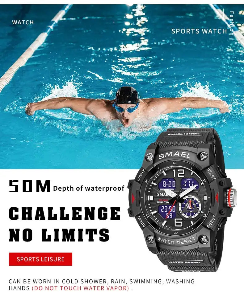 SMAEL-reloj deportivo militar para hombre, cronómetro con alarma, luz trasera Digital LED, pantalla de hora Dual, resistente al agua, 8007