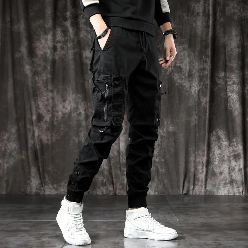 Pantalones Cargo de moda para hombre, pantalones ajustados de estilo informal, holgados, estilo americano, pantalones de pie pequeños con múltiples bolsillos, color negro, primavera y otoño