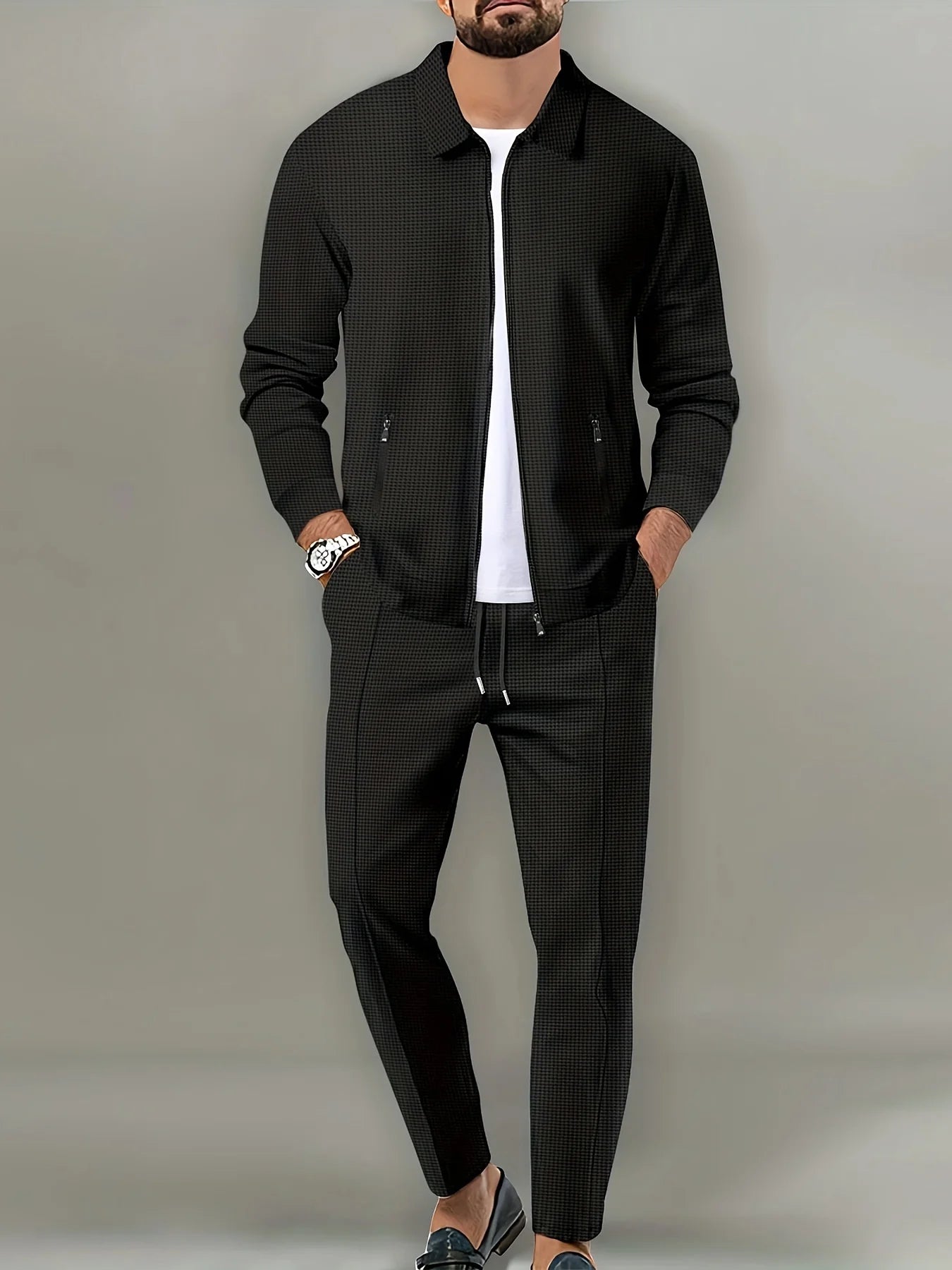 Chaqueta ajustada con bolsillo de cremallera para hombre, ropa deportiva de manga larga, conjunto de chaqueta de cárdigan, pantalones largos, elegante, conjunto de dos piezas