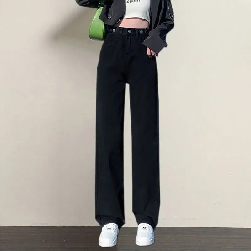 Pantalones vaqueros sueltos para mujer, diseño de cintura alta, entrepierna recta ajustable, pantalones de estilo Retro, tela de algodón, estilo informal cómodo