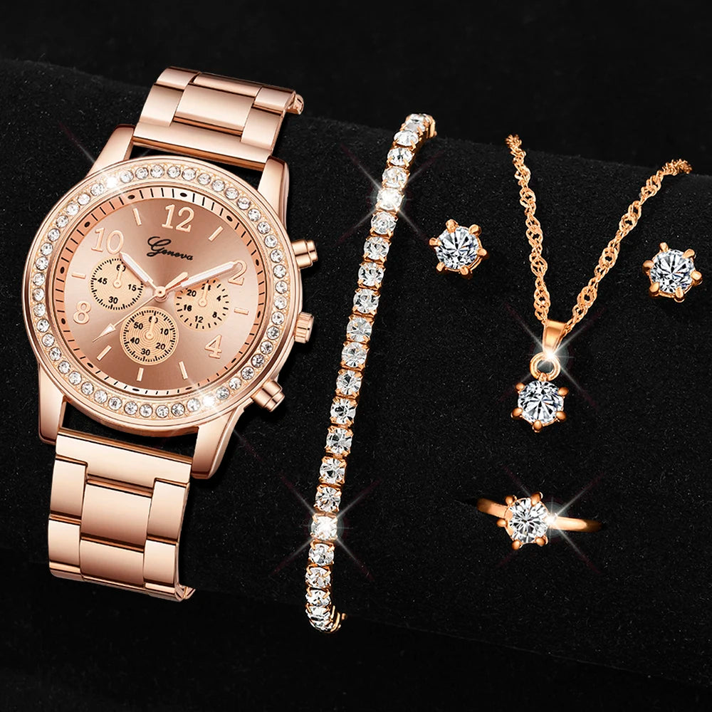 Juego de 5 piezas de reloj de oro para mujer, anillo de lujo, collar, pendientes, diamantes de imitación, reloj de pulsera de moda, relojes casuales para mujer, conjunto de pulsera