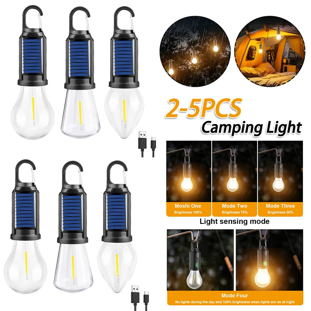 Linterna de iluminación LED con energía Solar, luz de tienda para exteriores con carga USB, impermeable, luz de ambiente para barbacoa, para acampar al aire libre, 2-5 uds.