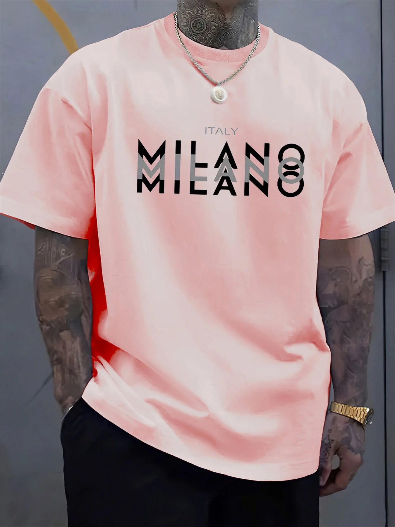 Camiseta holgada informal de algodón puro 100% de verano para hombre de talla grande con estampado de MILANO italiano, cómoda camiseta de manga corta con cuello redondo