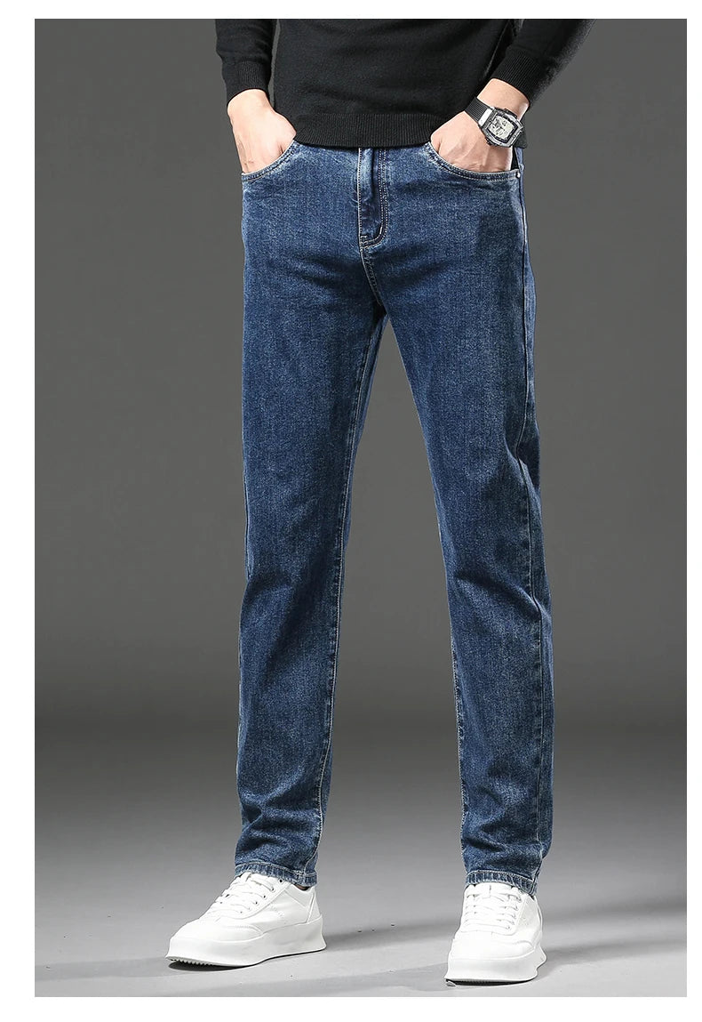 Pantalones vaqueros gruesos y cálidos de lana de invierno para hombre, pantalones vaqueros elásticos rectos ajustados, ropa informal para hombre, pantalones de felpa a la moda