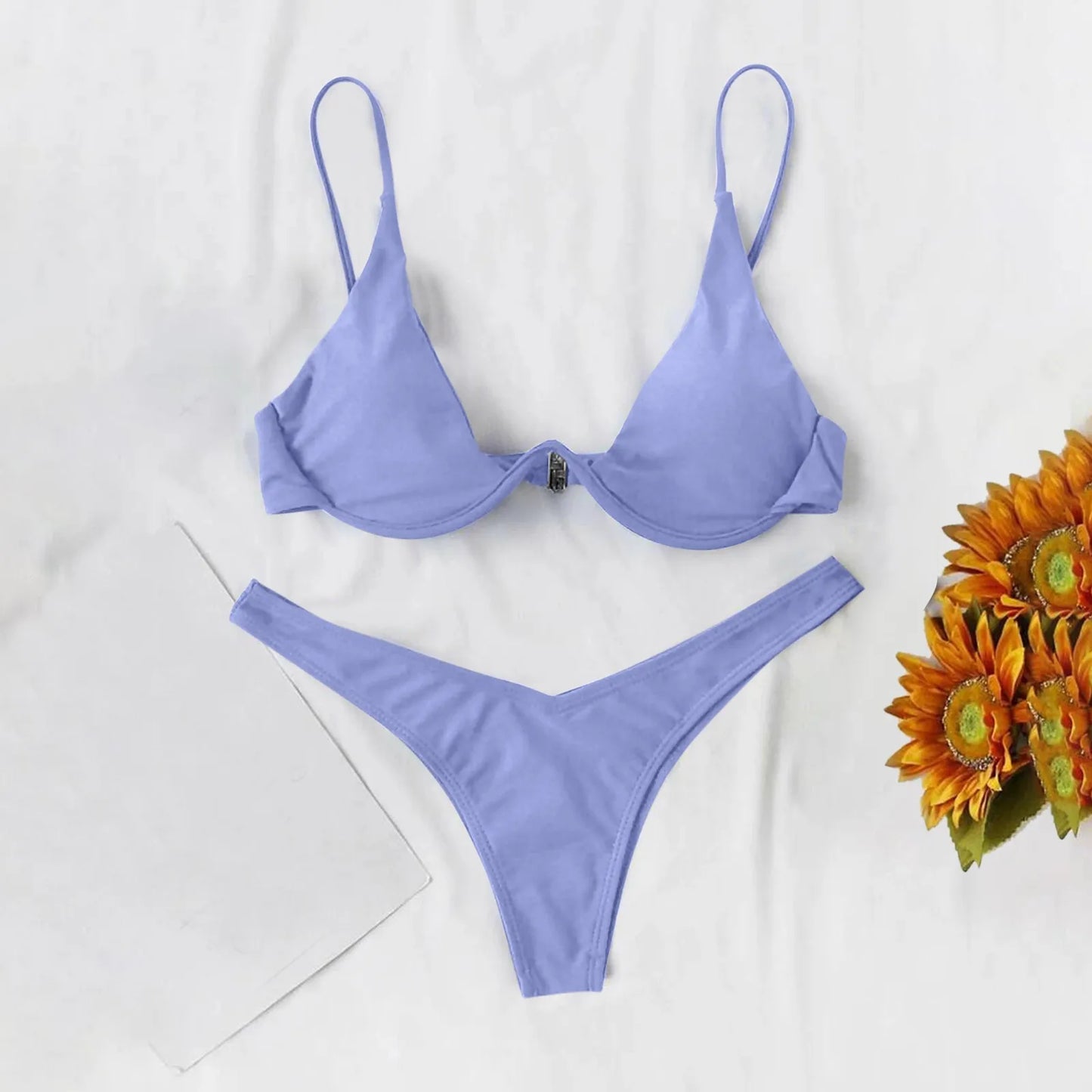 Bikini Sexy con aros para Mujer, traje de baño rojo liso con sujetador de realce, Tanga, traje de baño con cuello Halter y cuello de pico, Mini microtanga 2024