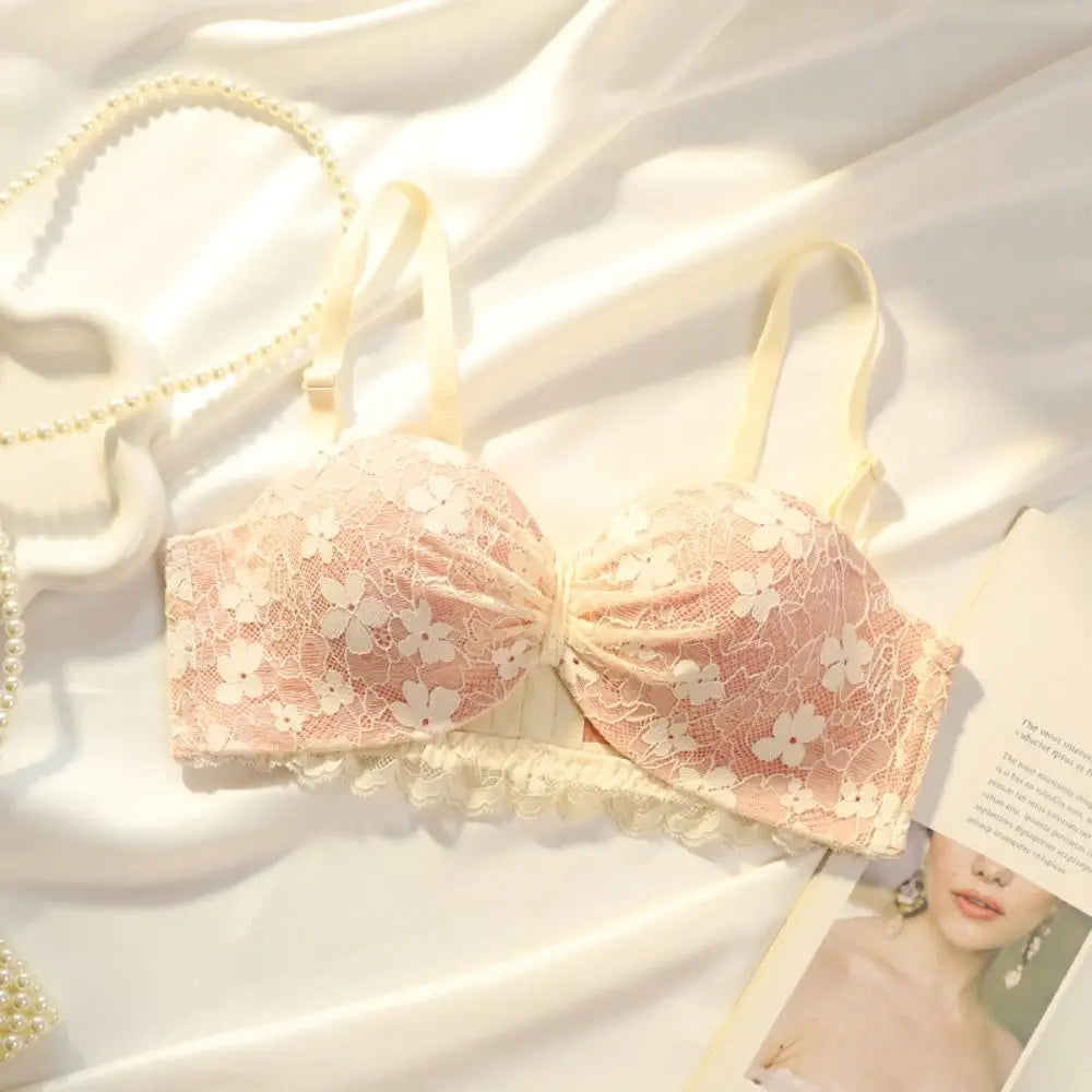 Sujetador inalámbrico de malla ajustado para mujer, sujetador antiflacidez de encaje Floral dulce con escote en V profundo, lencería con pechos recogidos, regalos