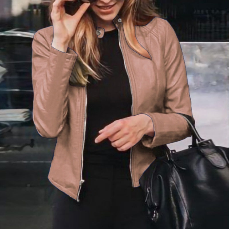 Chaqueta ajustada de piel sintética para mujer, chaqueta clásica de motociclista de PU, abrigo básico con cremallera para primavera y otoño