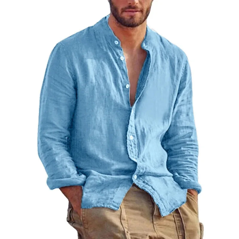 Ropa de chándal para hombre, camisa de manga larga, camisas de lino de Color sólido, Tops informales ligeros y transpirables con cuello levantado, camisa hawaiana