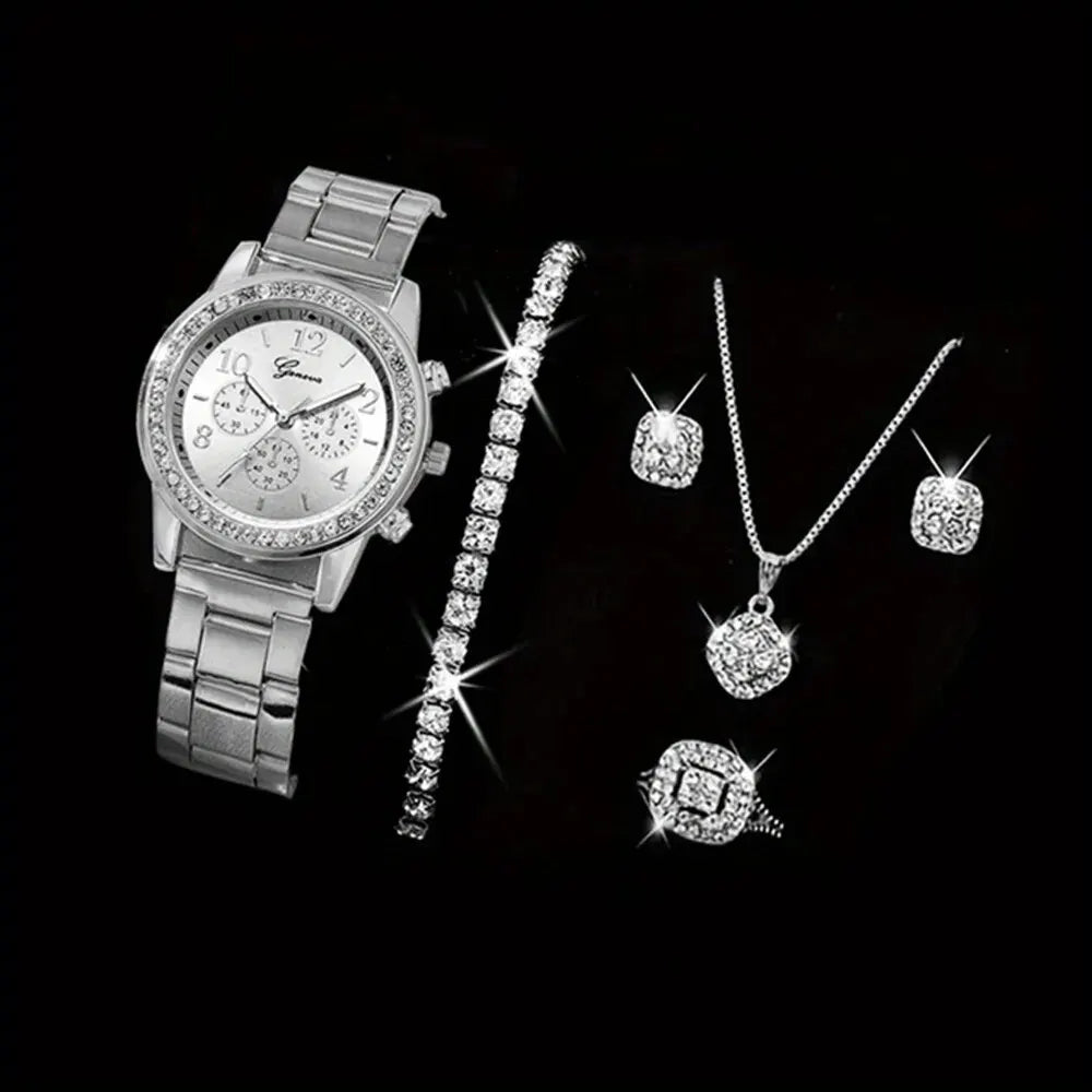 Juego de 5 piezas de reloj de oro para mujer, anillo de lujo, collar, pendientes, diamantes de imitación, reloj de pulsera de moda, relojes casuales para mujer, conjunto de pulsera