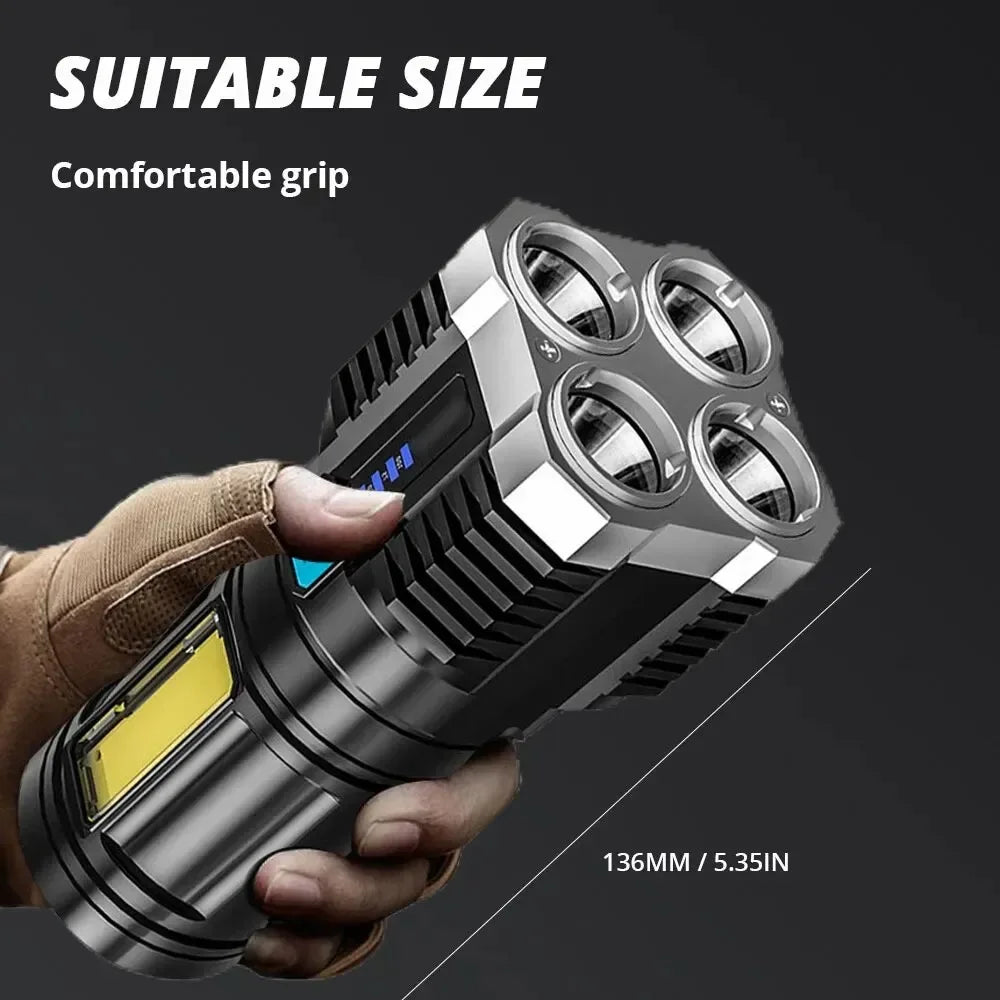 Linterna LED de luz fuerte para acampar, 4 lámparas y luces laterales COB, linterna de mano portátil recargable por USB para exteriores