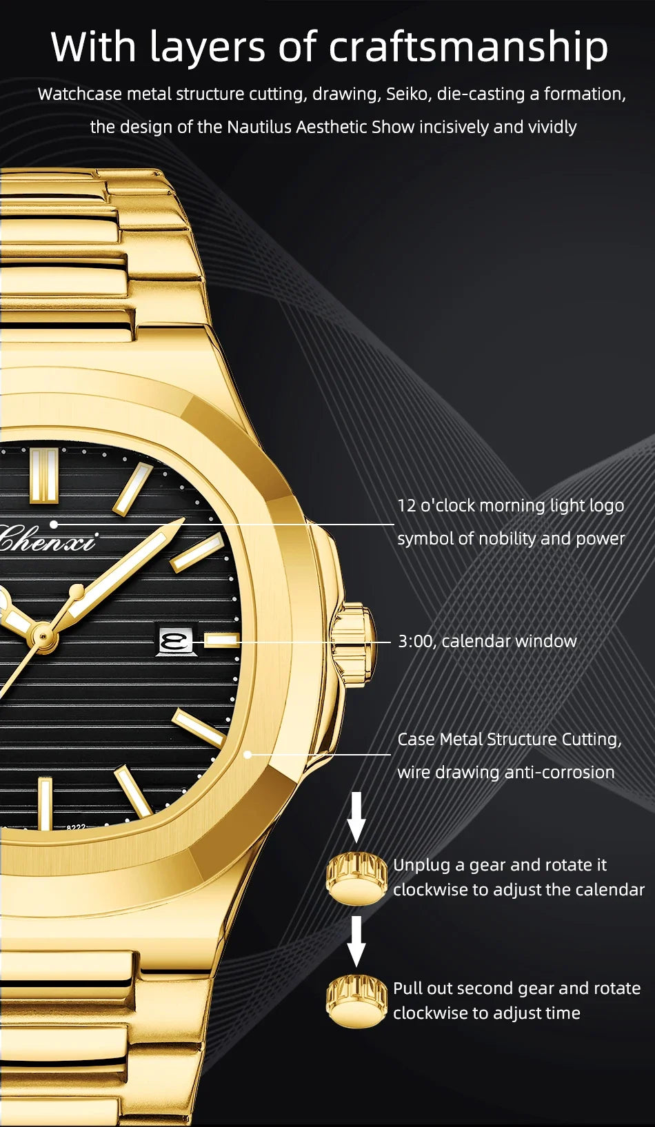 CHENXI 8222 reloj de negocios informal luminoso de acero inoxidable dorado de lujo para hombres relojes de pulsera de cuarzo de moda resistente al agua