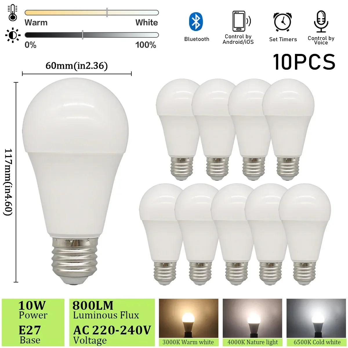 1-20 piezas regulable Bluetooth LED bombillas inteligentes aplicación E27 3000K-6500K iluminación 10W 220V 230V para dormitorio hogar Derec