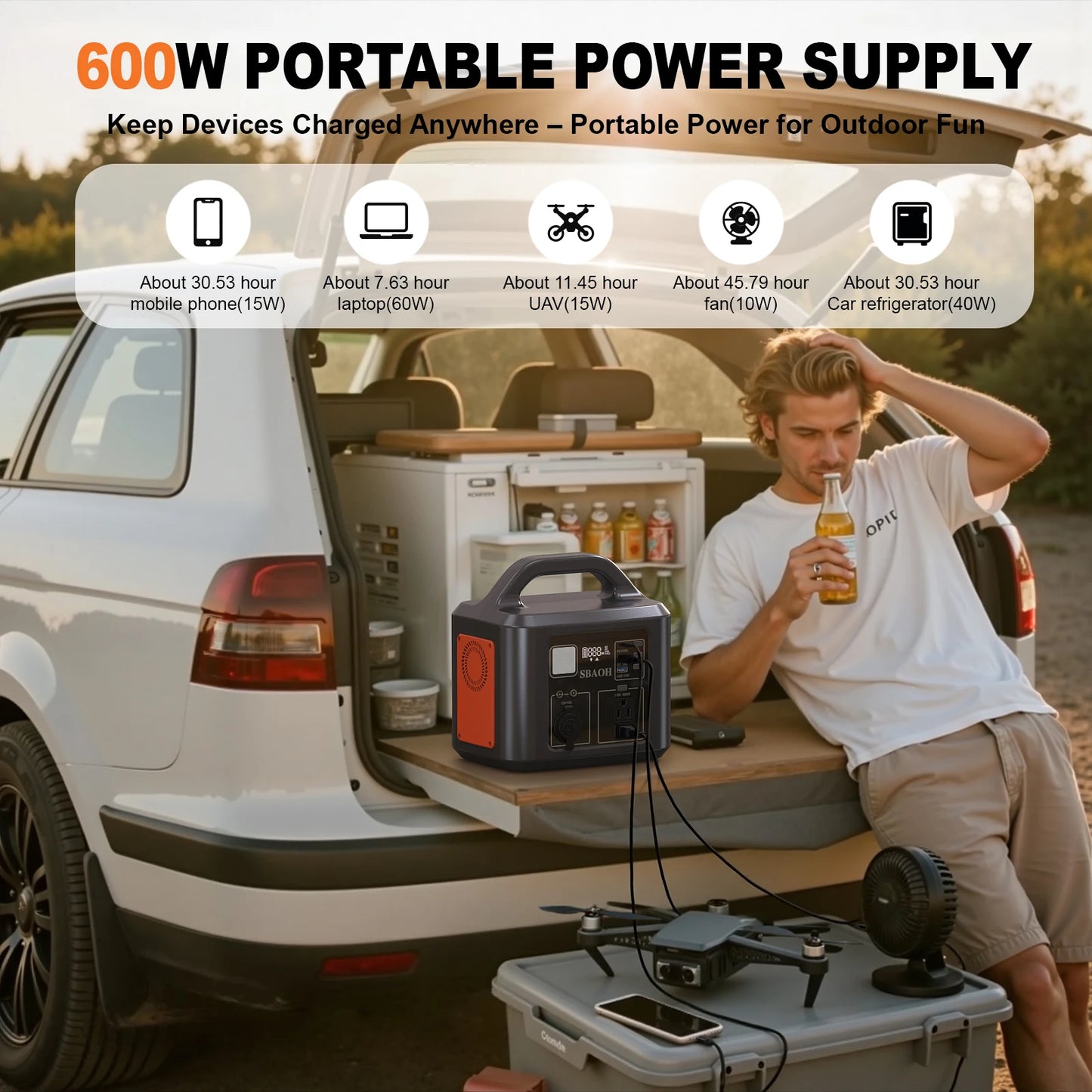 Central eléctrica SBAOH de 600 W, generador solar de 538,7 Wh 145600 mAh para acampar al aire libre, respaldo en el hogar, cortes de energía, (sin panel solar)