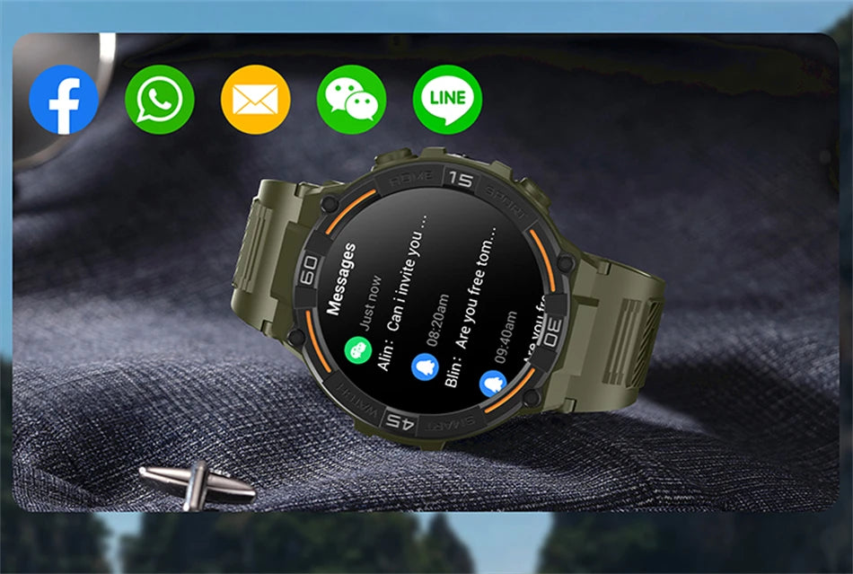 Reloj inteligente militar para hombre, dispositivo con pantalla HD de 360x360, linterna, control de la salud, resistente al agua, control del ritmo cardÃaco, llamadas BT, para Android e IOS