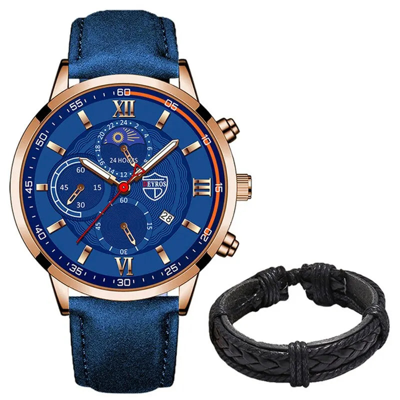 Conjunto de 2 piezas de relojes deportivos de moda para hombre, pulsera de cuero de negocios, reloj de cuarzo informal para hombre, reloj luminoso de lujo para hombre