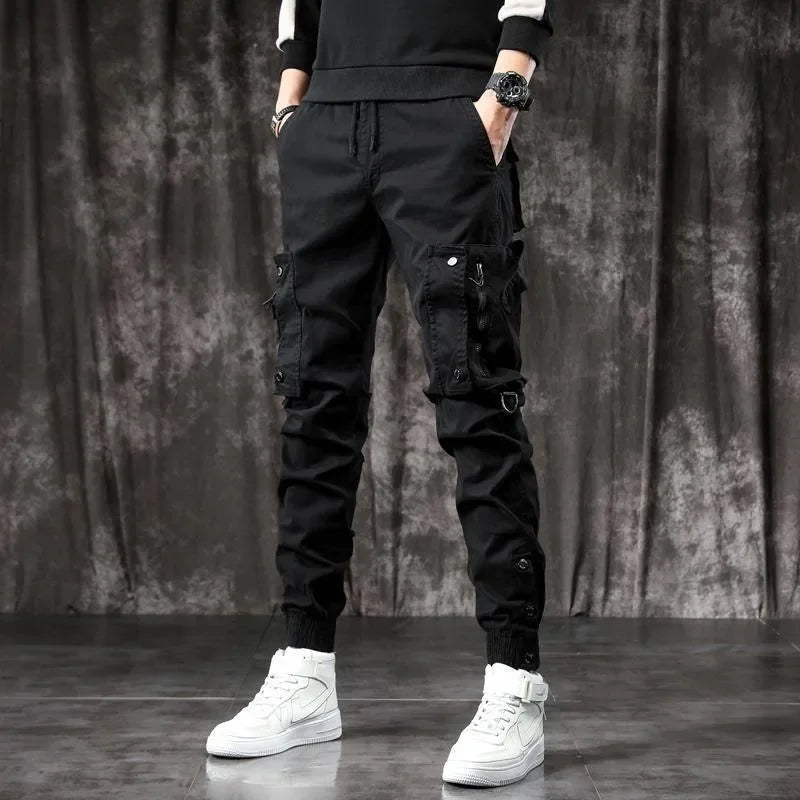 Pantalones Cargo de moda para hombre, pantalones ajustados de estilo informal, holgados, estilo americano, pantalones de pie pequeños con múltiples bolsillos, color negro, primavera y otoño