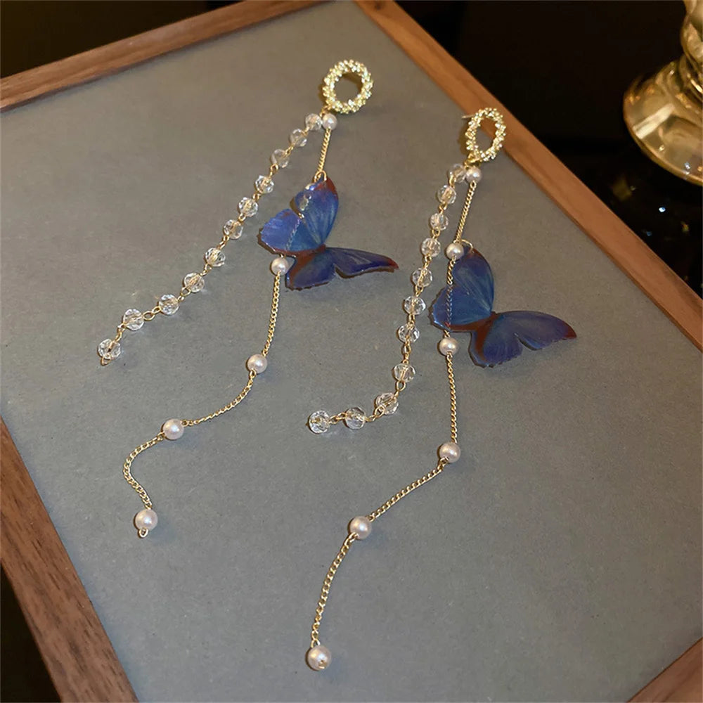 Pendientes de mariposa con borlas largas y perlas de cristal de circón para mujer, joyerÃa colgante de lujo, regalos, nuevo