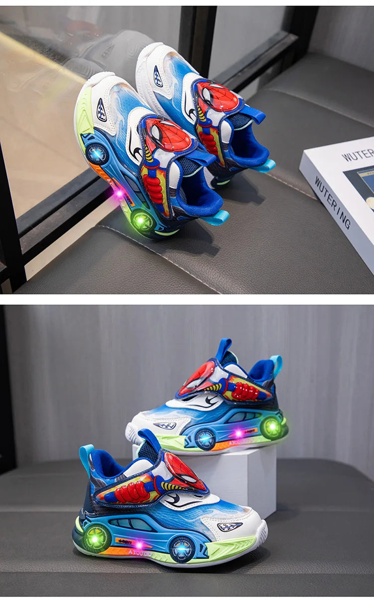 Zapatos para niños, zapatillas de deporte de Spiderman con luces LED de dibujos animados a la moda para niños, zapatos deportivos antideslizantes transpirables para estudiantes, talla 26-35