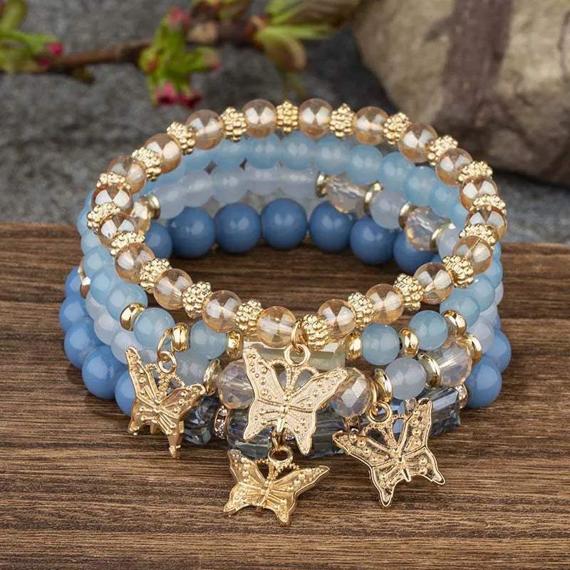 Conjunto de pulsera con cuentas de mariposa para mujer, brazalete de cadena elástica con cuentas acrÃlicas rosas, regalo de joyas de fiesta bohemia, 4 Uds.