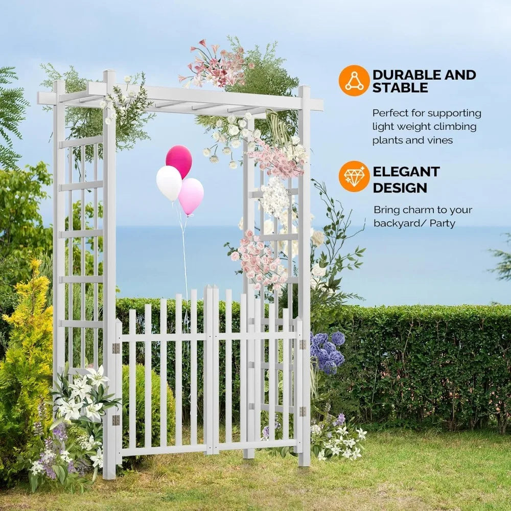 Caramanos de jardín con puerta, arco de boda de PVC para fiesta de ceremonia, enrejado de jardín para plantas trepadoras al aire libre, soporte de fondo de arco