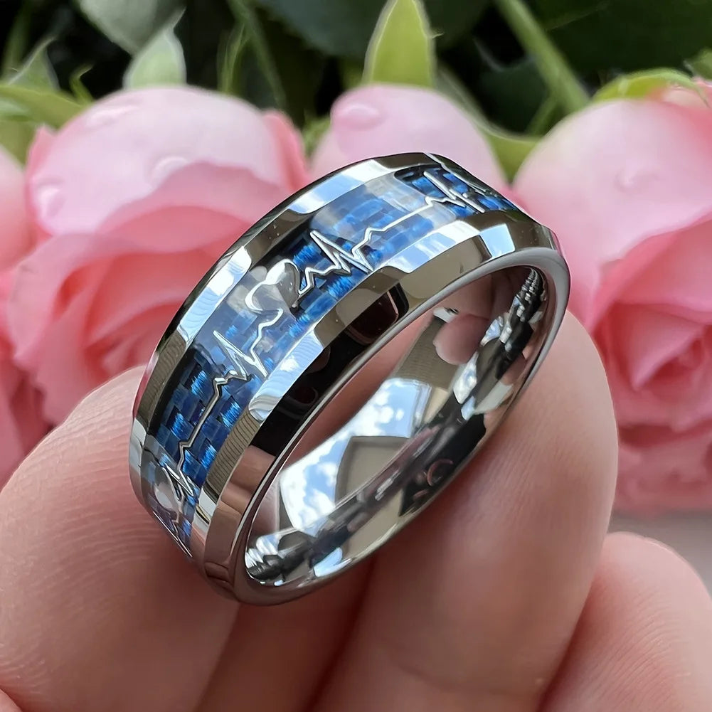 Anillos de compromiso de carburo de tungsteno con incrustaciones de corazón de fibra de carbono negra de 8mm a la moda, alianzas de boda con cúpula, pulido, brillante, ajuste cómodo