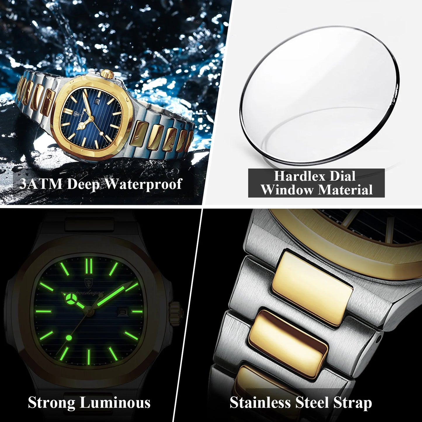 Reloj POEDAGAR cuadrado de lujo para mujer, reloj de pulsera resistente al agua con fecha luminosa para mujer, relojes de cuarzo de moda de acero inoxidable para mujer
