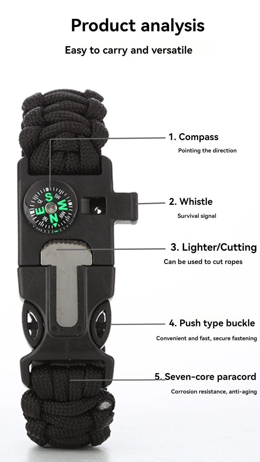 Pulsera de rescate de emergencia, cuerda tejida cinco en uno para muñeca, brújula, cuerda de mano de supervivencia, senderismo al aire libre, camping, viajes, ciclismo