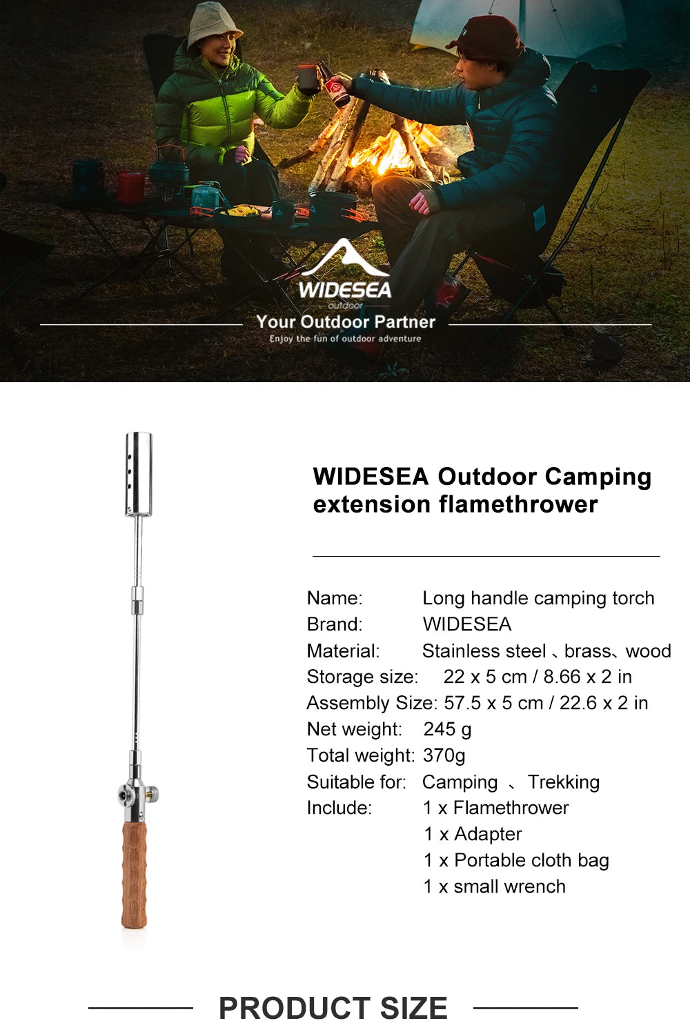 Widesea-encendedor de llama larga para acampar, quemador de mango de madera portátil para exteriores, Picnic, barbacoa, tanque de Gas, pistola de pulverización, kit de herramientas de estufa extraíble