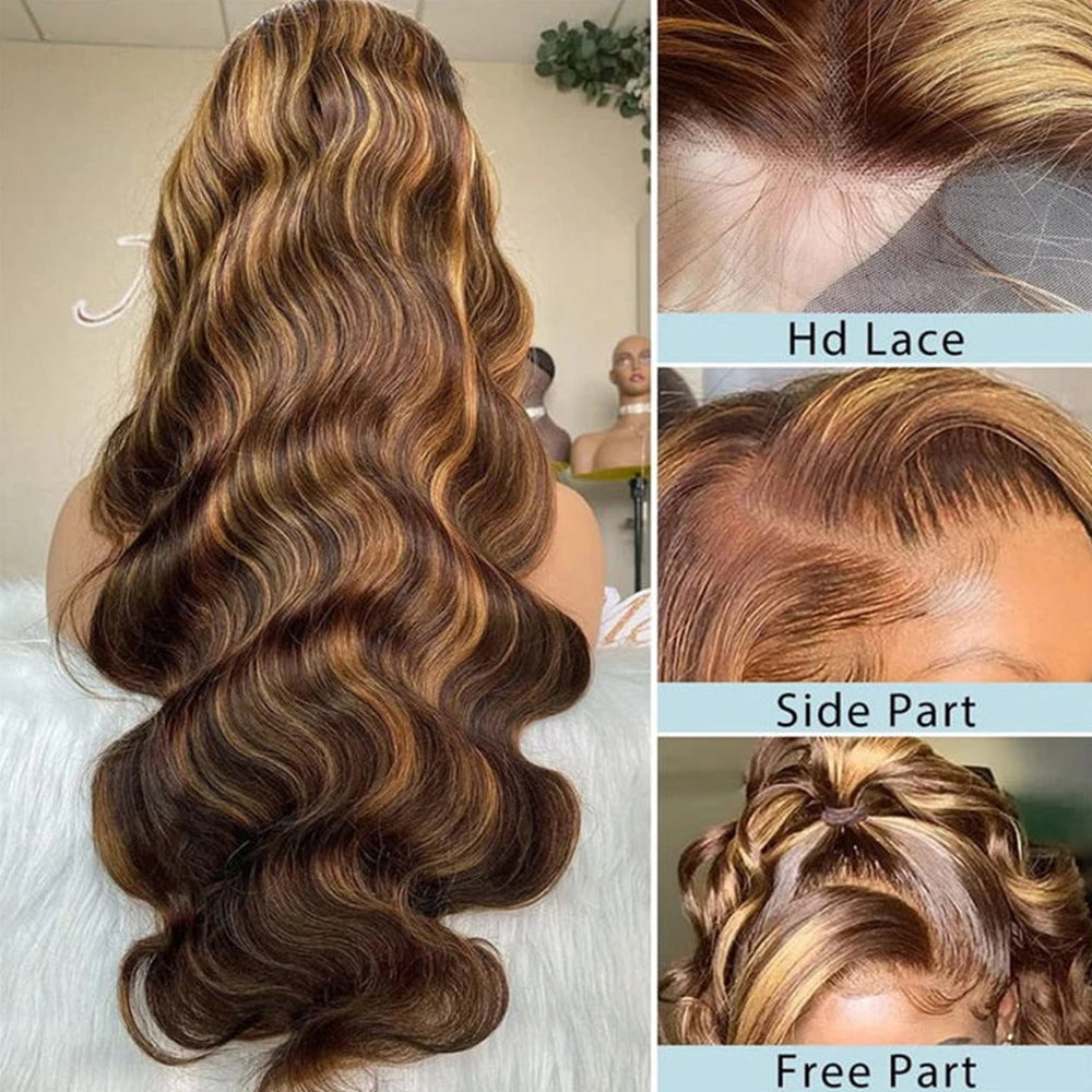 Peluca resaltada 100% cabello humano 13x6 Hd peluca Frontal de encaje 13x4 rubio miel cuerpo onda de encaje pelucas delanteras sin pegamento para mujer brasileña