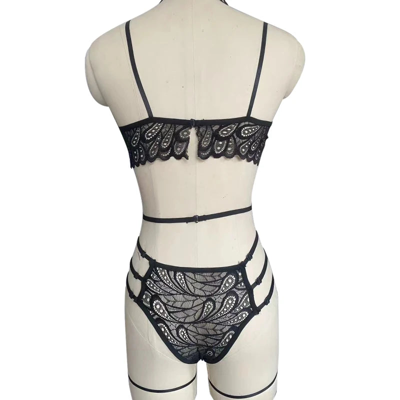 Conjuntos de lencerÃa Sexy para mujer, sujetador de encaje, bragas calientes, conjunto de ligas, ropa interior erótica, trajes transparentes, Bikini, tirantes Bdsm para mujer