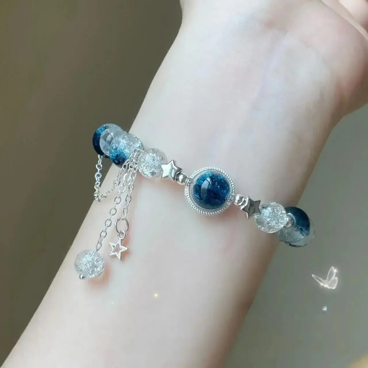 Pulsera con borlas y cadena de estrella para mujer, diseño de nicho, cuentas de cristal azul de fantasÃa, pulsera de cuerda elástica, regalos de joyerÃa para mejores amigos