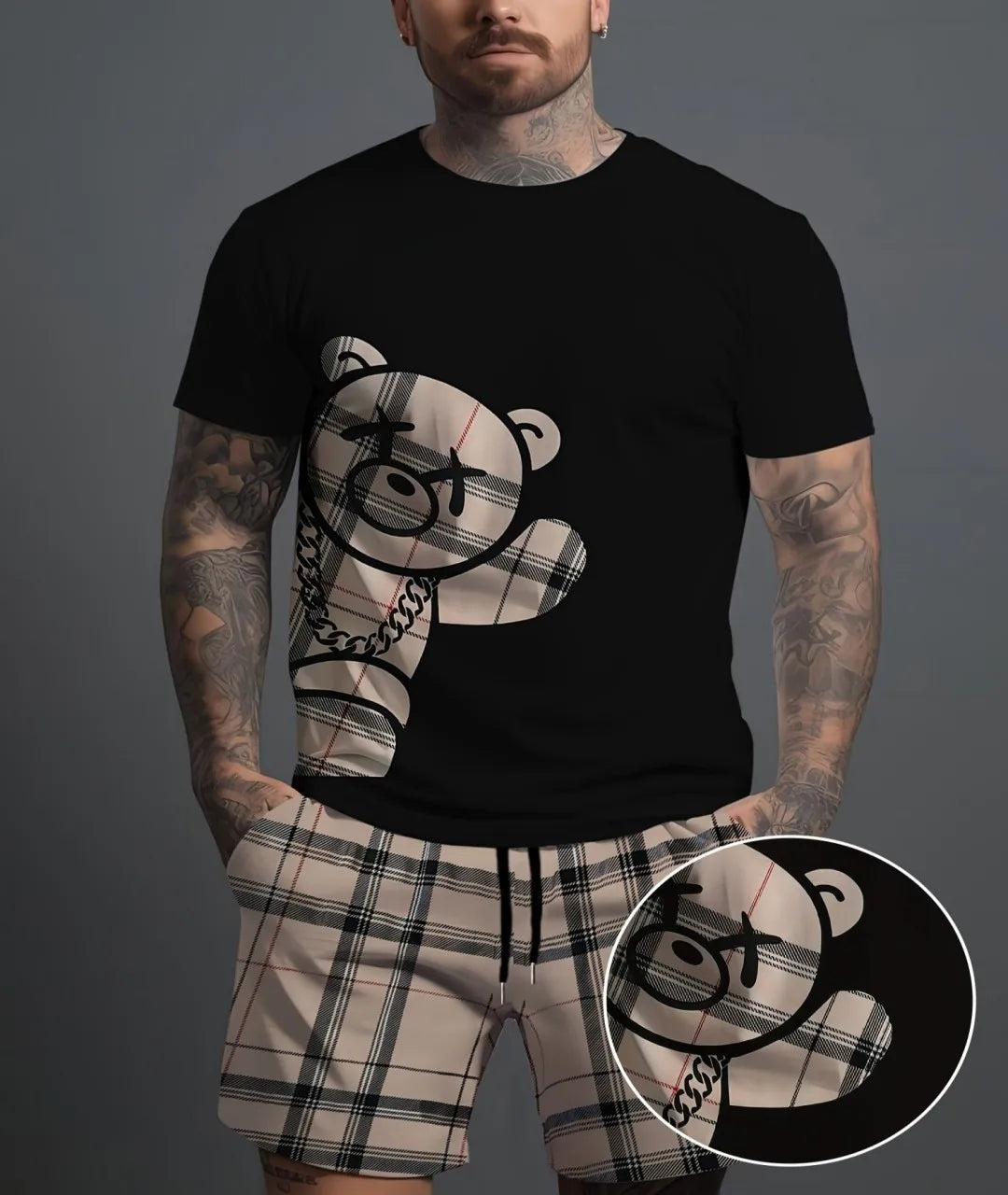 2025, novedad de verano, traje para hombre, pantalones cortos a cuadros con estampado 3D de oso informal de 2 piezas, traje ligero y transpirable cómodo para verano para hombre, nuevo estilo