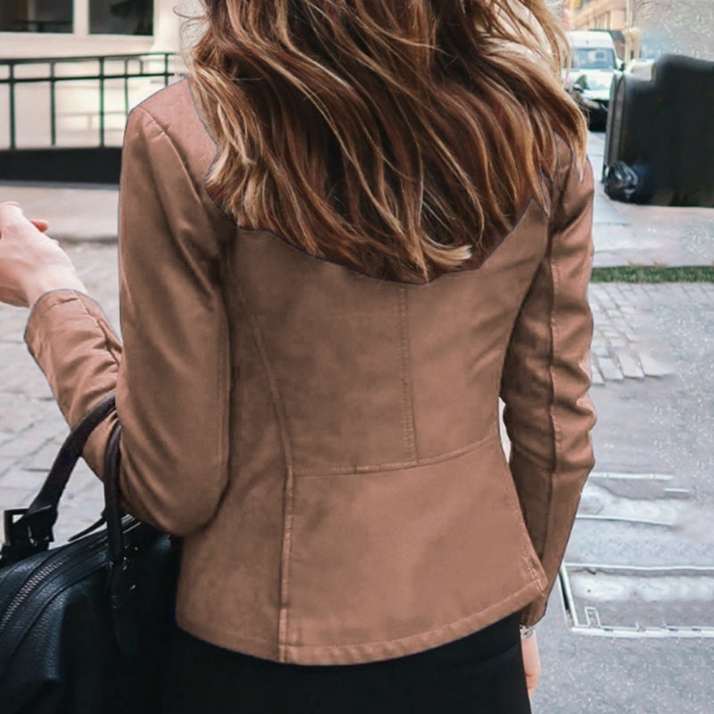 Chaqueta ajustada de piel sintética para mujer, chaqueta clásica de motociclista de PU, abrigo básico con cremallera para primavera y otoño