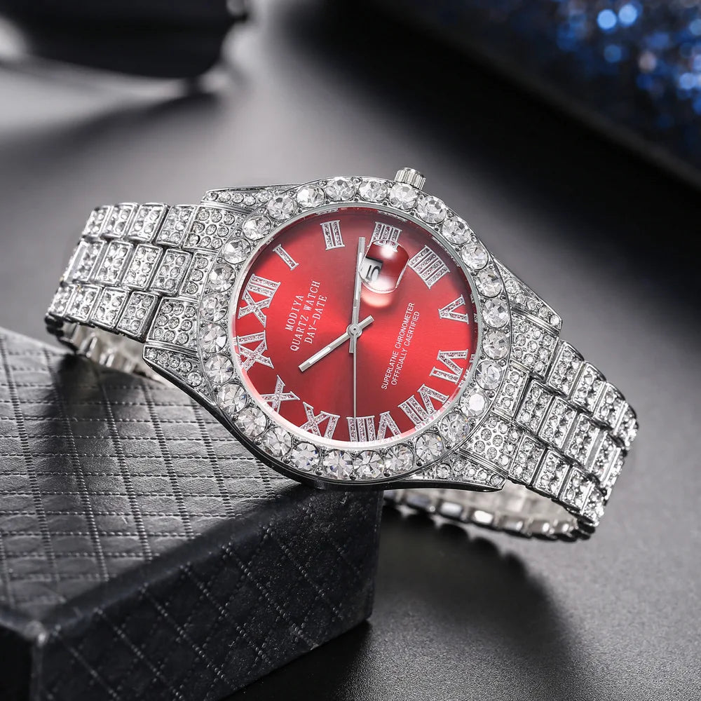Reloj de cuarzo con correa de acero dorado para hombre, cronógrafo clásico de lujo, con calendario de diamantes de imitación, a la moda