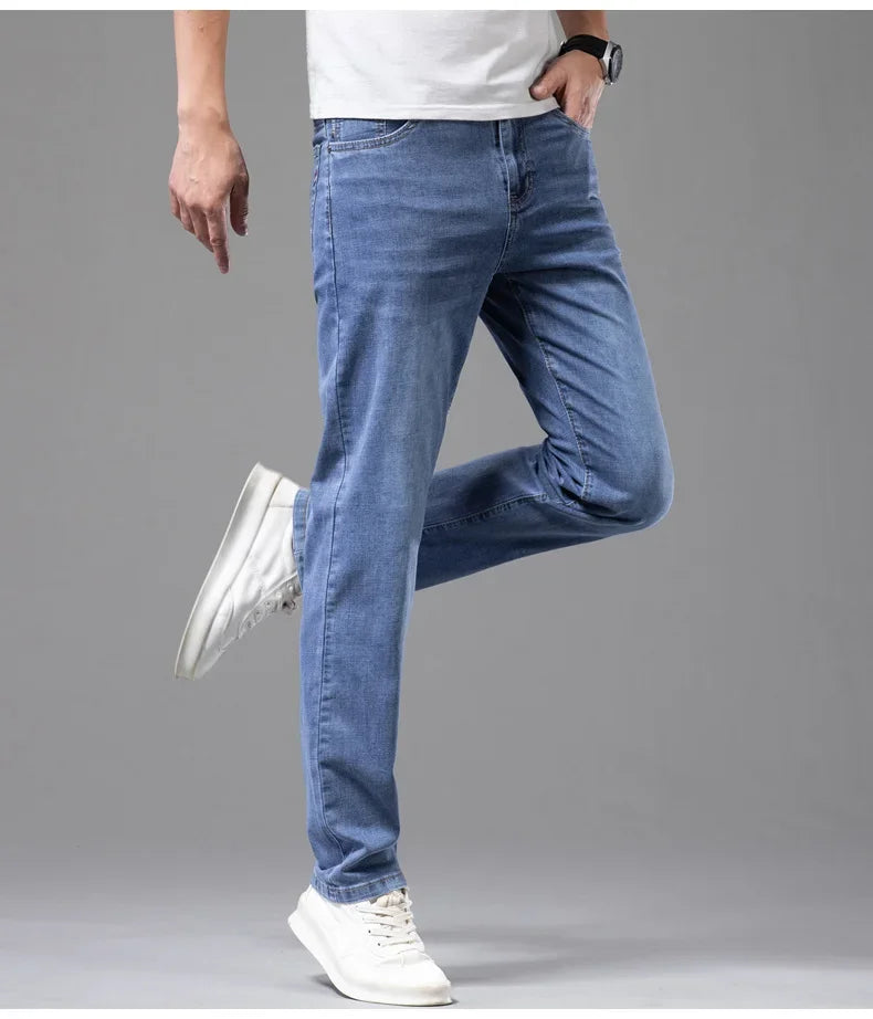 Pantalones vaqueros finos de algodón elástico para hombre, pantalón informal, recto, cómodo, color gris, a la moda, para verano